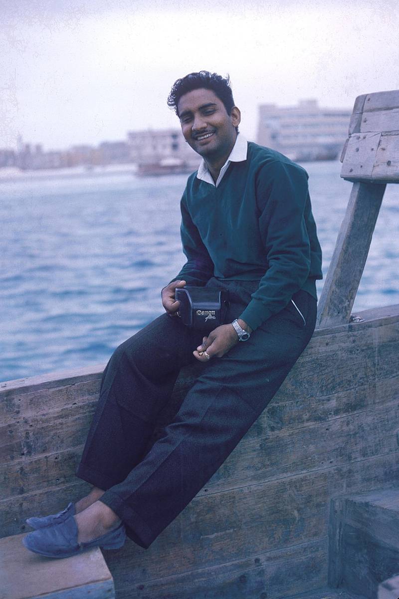 Vasu Shroff came to Dubai at age 19 to work in a garment shop run by his elder brother. He set up the Regal Group, one of the oldest businesses in the UAE. Seen at Dubai Creek in 1964. Courtesy: Shroff family