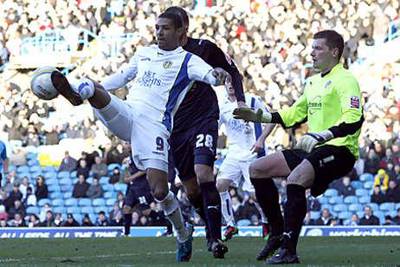 The striker Jermaine Beckford, in white, has joined Everton after helping Leeds secure promotion to the Championship.