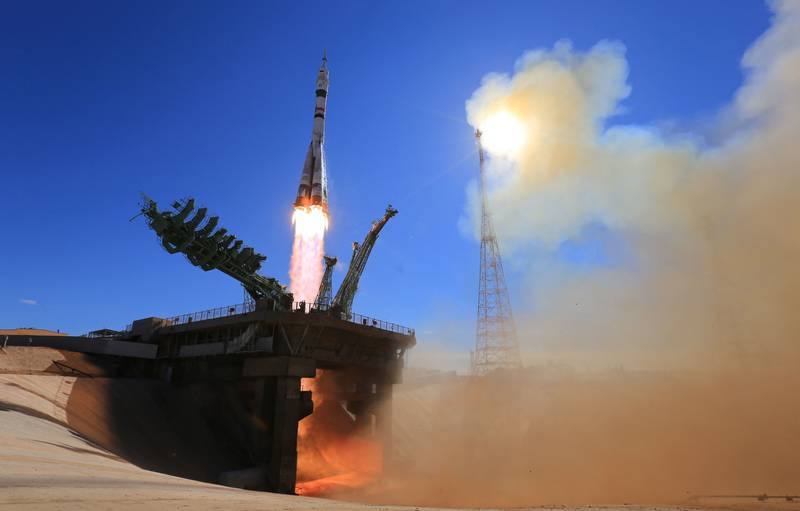 Russia's Soyuz MS-19 spacecraft blasting off to the ISS from the launch pad at the Russian-leased Baikonur cosmodrome in Kazakhstan. AFP