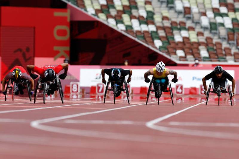 Mohamed Al Hammadi  competes in the men's 100m - T34 final. Getty