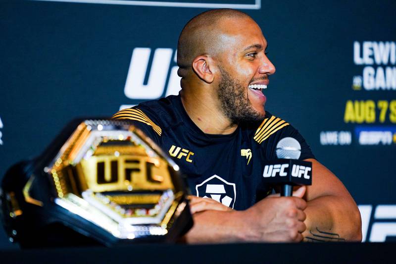 Ciryl Gane speaks during the post fight press conference after defeating Derrick Lewis for the UFC interim heavyweight title belt during UFC 265. AFP