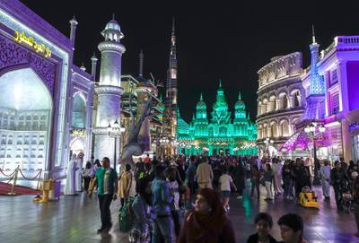 Abu Dhabi, United Arab Emirates, January 5, 2020.  Photo essay of Global Village.  The main entrance busy with visitors.Victor Besa / The NationalSection:  WKReporter:  Katy Gillett