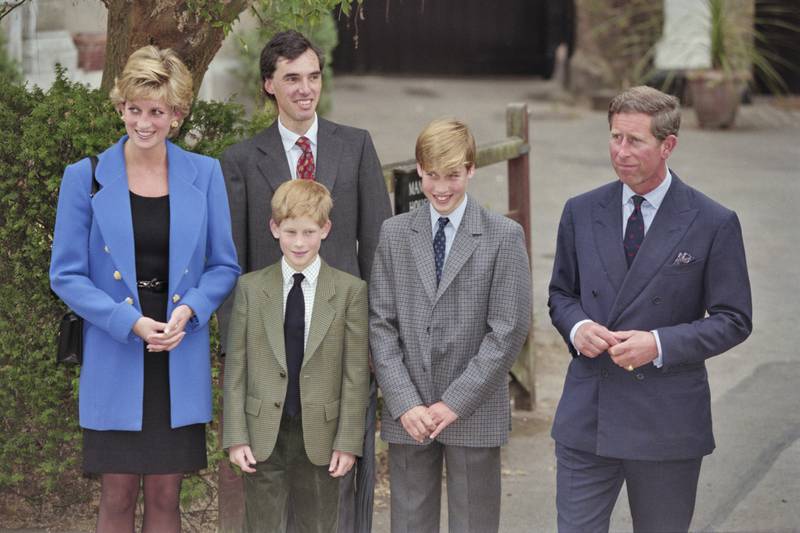 1995: Prince William attends his first day at Eton College, with Princess Diana, Prince Harry, and Prince Charles. Getty Images