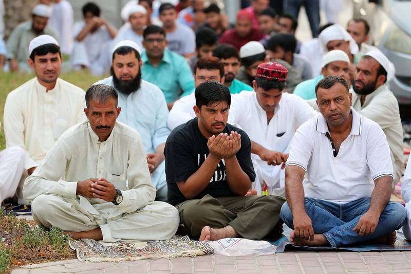 DUBAI, UNITED ARAB EMIRATES, August 21 – 2018 :- People during the Eid Al Adha prayers near the Jumeirah Mosque in Dubai. ( Pawan Singh / The National )  For News. Story by Nawal