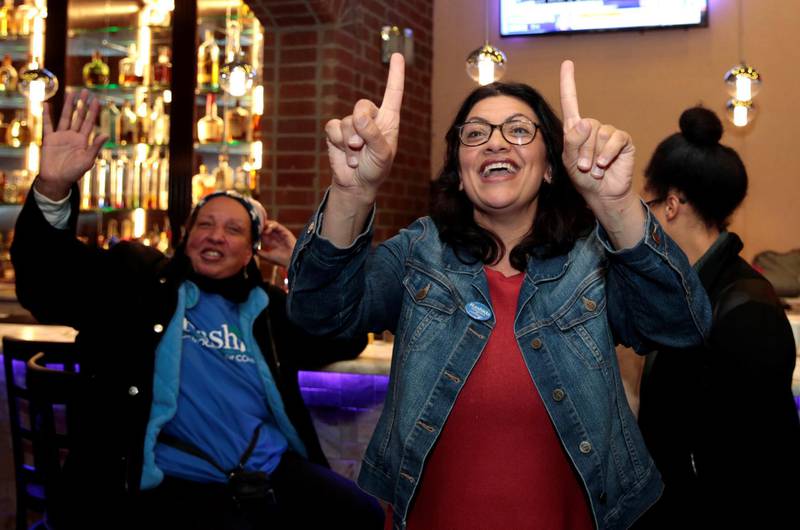 Tlaib celebrates with family and friends at her midterm election night party. Reuters