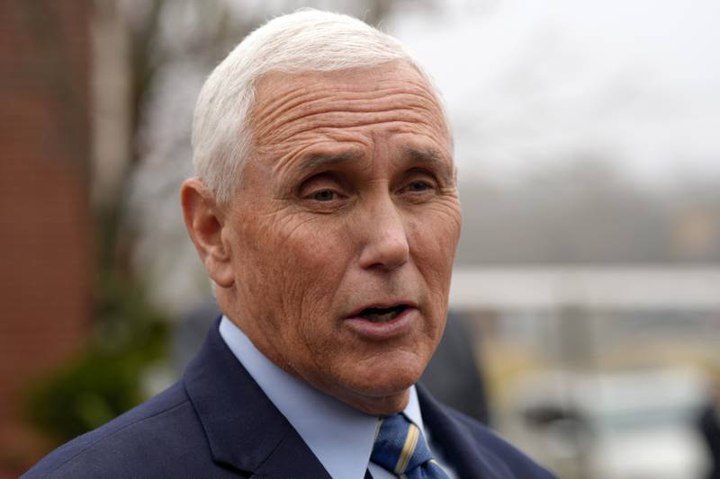 Former US vice president Mike Pence speaking to reporters in December 2022 in South Carolina. AP
