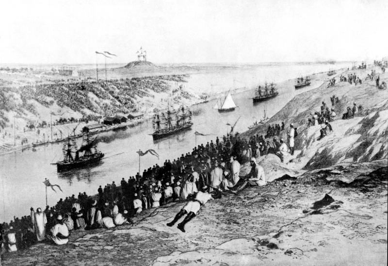 This file photo taken in November 1869 shows a painting by an unidentified artist shows the inauguration of the Suez Canal in Egypt on November 17, 1869.  AFP