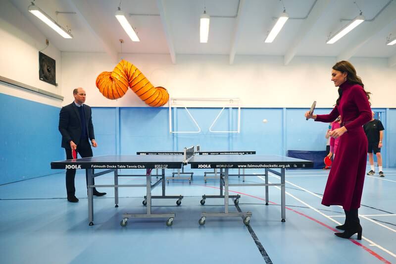 Prince William, Prince of Wales, and Catherine, Princess of Wales had a game of table tennis whilst visiting Falmouth on Thursday. They were visiting Cornwall for the first time since becoming the Duke and Duchess of Cornwall. Getty Images