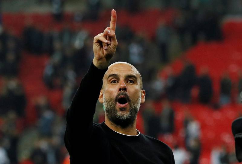 Soccer Football - Premier League - Tottenham Hotspur vs Manchester City - Wembley Stadium, London, Britain - April 14, 2018   Manchester City manager Pep Guardiola celebrates after the match    REUTERS/David Klein    EDITORIAL USE ONLY. No use with unauthorized audio, video, data, fixture lists, club/league logos or "live" services. Online in-match use limited to 75 images, no video emulation. No use in betting, games or single club/league/player publications.  Please contact your account representative for further details.
