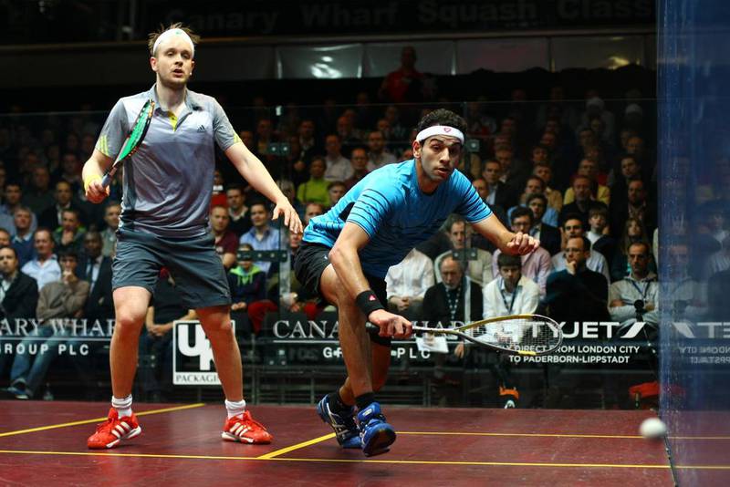 Mohammed El Shorbagy of Egypt in action against James Willstrop during their semi-final match in the Canary Wharf Squash Classic on March 21, 2013, in London, England. Jordan Mansfield / Getty Images