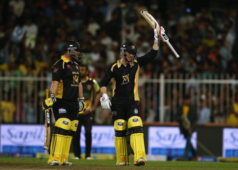 SHARJAH, UNITED ARAB EMIRATES - DECEMBER 17:  Eoin Morgan of Kerela Kings celebrates after reacing his half century during the T10 League Final match between Kerela Kings and Punjabi Legends at Sharjah Cricket Stadium on December 17, 2017 in Sharjah, United Arab Emirates.  (Photo by Francois Nel/Getty Images)
