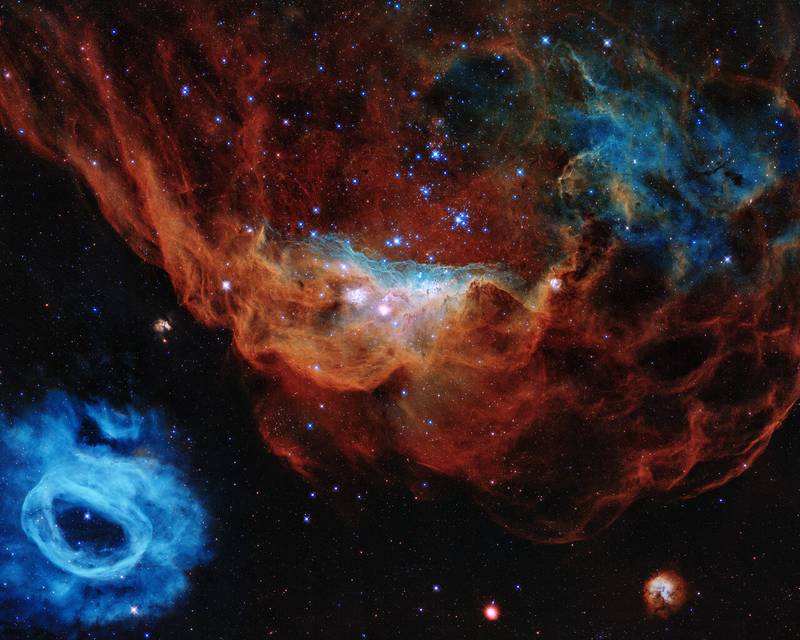 This image features the enormous nebula NDC 2014 and its neighbour NGC 2020, which together form part of a vast star-forming region in the Large Magellanic Cloud in the Milky Way, about 163,000 light years away. Captured by the Hubble telescope, it shows turbulent stellar nurseries, where new stars are born. Photo: European Space Agency
