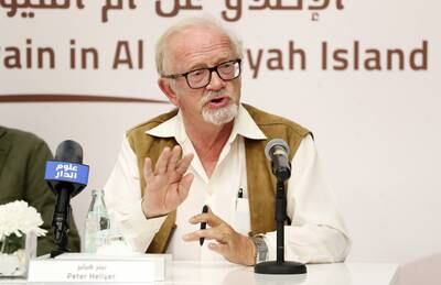 Peter Hellyer speaking during a press conference about new archaeological discoveries on Al Sinniyah Island at the UAQ Cultural Centre in Umm Al Quwain. Pawan Singh / The National