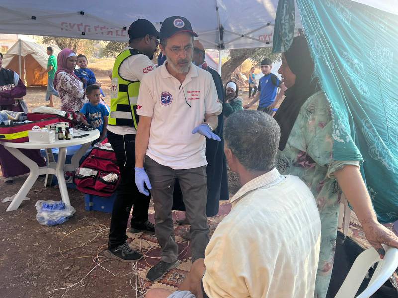 Ariel Levy, of Israel-based Sauveteurs sans Frontieres, treats victims of the Moroccan earthquake. Anjana Sankar / The National