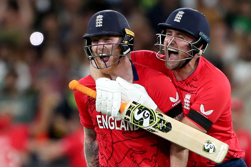England's Ben Stokes and Liam Livingstone celebrate. AFP