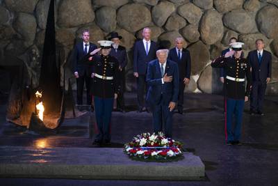 US President Joe Biden participates in a wreath-laying ceremony in the Hall of Remembrance at Yad Vashem Holocaust Remembrance Centre in Jerusalem. AP 