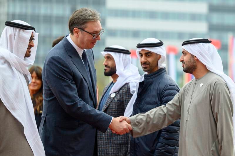 Mr Vucic greets Sheikh Mohammed bin Hamad bin Tahnoon, Private Affairs Adviser in the Presidential Court, at the Palace of Serbia. Photo: Mohamed Al Hammadi / Presidential Court