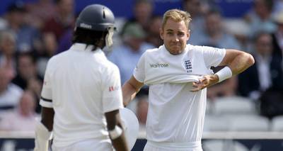 Stuart Broad gestures after finding out he has taken a hat trick during the first day of the second Test on Friday at Headingley. Philip Brown / Reuters / June 20, 2014