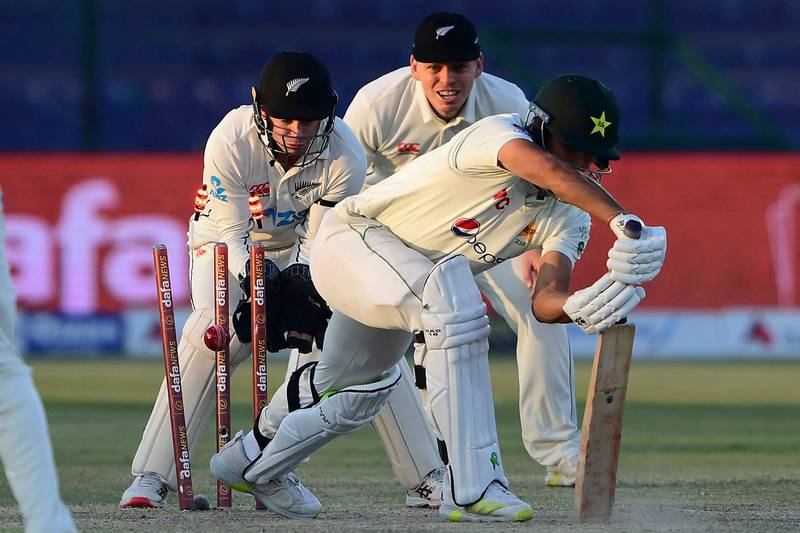 Pakistan's Mir Hamza is clean bowled by New Zealand's Ish Sodhi. AFP