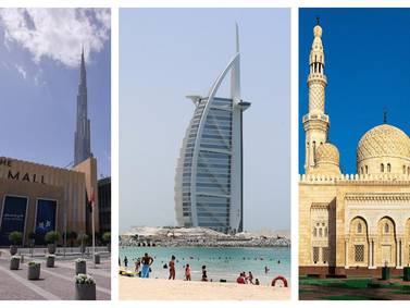 From left: The Dubai Mall next to the Burj Khalifa, the Burj Al Arab and Jumeirah Mosque are all among Dubai's most famous buildings. AFP, Chris Whiteoak / The National, Getty Images