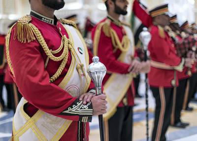 ABU DHABI, UNITED ARAB EMIRATES. 2 DECEMBER 2019. Abu Dhabi’s Police Band performs on UAE’s National Day celebrations at Qasr Al Watan.(Photo: Reem Mohammed/The National)Reporter:Section: