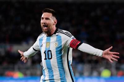 Lionel Messi of Argentina celebrates scoring in a 2026 World Cup qualifier against Ecuador in Buenos Aires. EPA