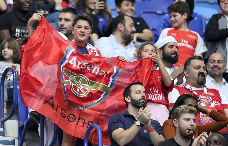 DUBAI , UNITED ARAB EMIRATES , March 26 – 2019 :- Supporters of Arsenal during the football match between English Premier League Club Arsenal and Al Nasr Club held at Al Nasr Club’s Al Maktoum stadium in Dubai. ( Pawan Singh / The National ) For Sports. Story by Amith