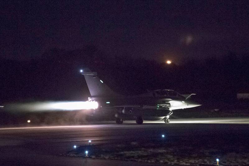 A plane preparing to take off as part of the joint airstrike operation by the British, French and US military in Syria, is seen in this picture obtained on April 14, 2018 via social media. Reuters