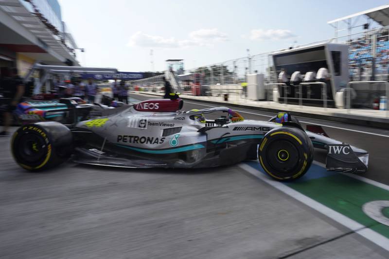 Lewis Hamilton exits the garage during the second practice session for the Formula One Miami Grand Prix. AP