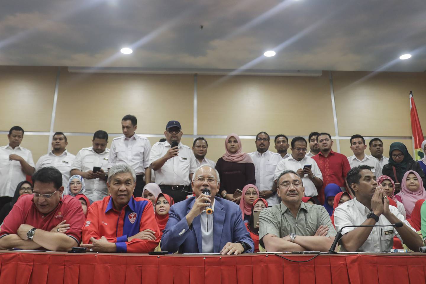 epa06729566 United Malays National Organisation (UMNO) party president and and chairman of the Barisan National (National Front coalition), Najib Razak speaks during a press conference in Kuala Lumpur, Malaysia, 12 May 2018. Razak stepped down as UMNO party president and chairman of the Barisan National coalition on 12 May. Former deputy prime minister Ahmad Zahid Hamidi will take over as acting president.  EPA/FAZRY ISMAIL
