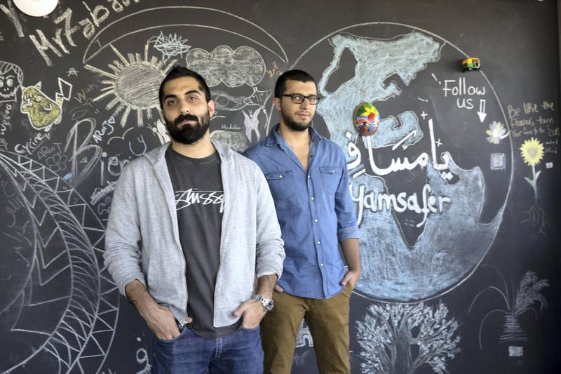 Faris Zaher(L)  and Sameh Alfar, Palestinian co-founders and Ceo of start up YamSafer at their office in the Palestinian city of Ramallah on October 24,2017 .YamSafer ("The Traveller" in Arabic) is an online hotel booking site in Arabic that is rapidly growing .
Photo by Heidi Levine for The National .