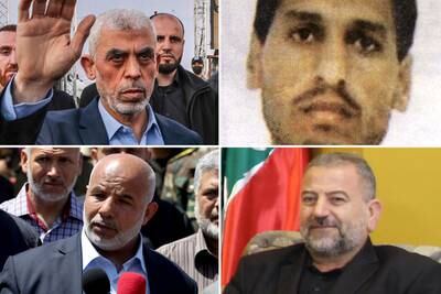 Israel's key Hamas targets, clockwise from top left, Yahya Sinwar, Mohammed Deif, Saleh Al Arouri and Tawfik Abu Naim. AFP; Getty Images