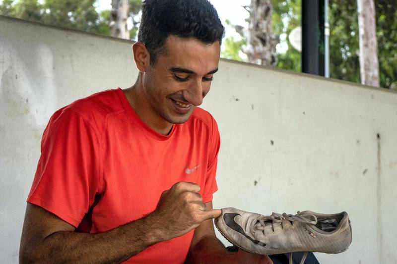 Due to the financial collapse in Lebanon, and a lack of sponsors, Nour struggles to afford new running gear. Spikes should be replaced every few months, his are over two years old. (Matt Kynaston)