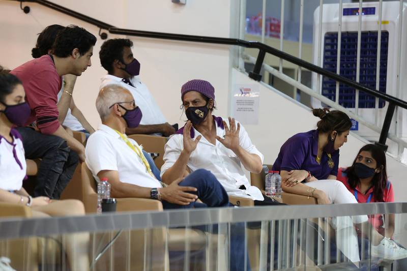 Shahrukh Khan and Jay Mehta co- owner of Kolkata Knight Riders during match 28 of season 13 of the Indian Premier League (IPL ) between the Royal Challengers Bangalore and the Kolkata Knight Riders held at the Sharjah Cricket Stadium, Sharjah in the United Arab Emirates on the 12th October 2020.  Photo by: Arjun Singh  / Sportzpics for BCCI