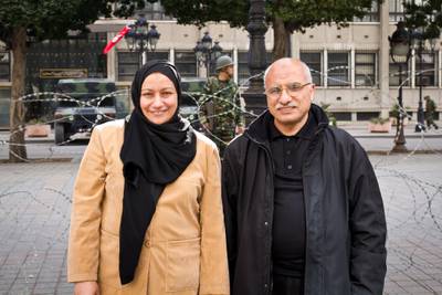 Hend Harouni and her brother Abdel Karim stand in front of the Interior Ministry in downtown Tunis. Abdel faced interrogation inside the Interior Ministry on a number of occasions under the former regime. Lindsay Mackenzie for The National 