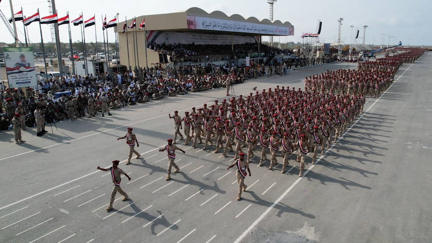 Members of Houthi military forces parade in the Red Sea port city of Hodeida in Yemen in September. Reuters