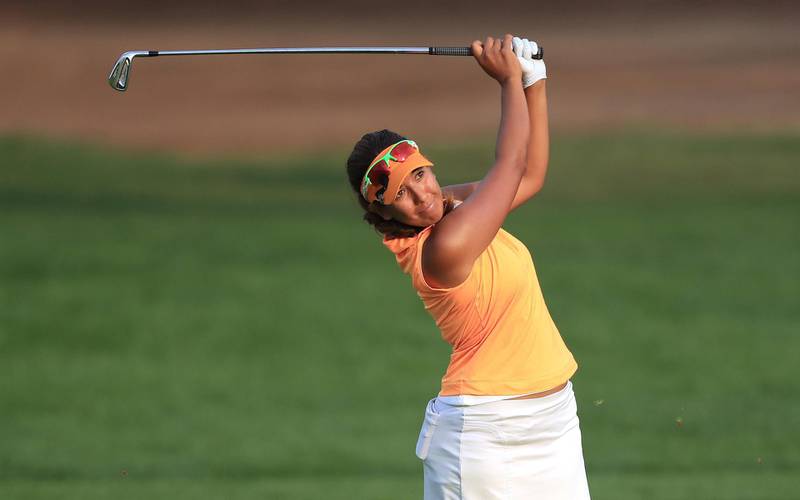 DUBAI, UNITED ARAB EMIRATES - DECEMBER 08:  Maha Haddioui of Morocco plays her second shot on the ninth hole during the completion of the first round of the 2016 Omega Dubai Ladies Masters on the Majlis Course at the Emirates Golf Club on December 8, 2016 in Dubai, United Arab Emirates.  (Photo by David Cannon/Getty Images)