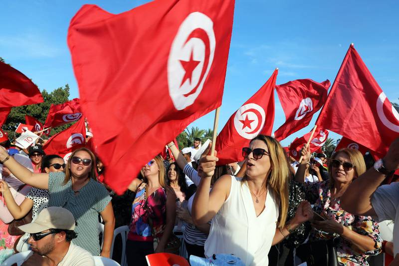 epa07826666 Supporters of Tunisia's former defence minister and presidential candidate Abdelkrim Zbidi during his presidential electoral campaign in Monastir, Tunisia, 07 September 2019. The first round of the presidential election in Tunisia will be held on 15 September.  EPA/MOHAMED MESSARA