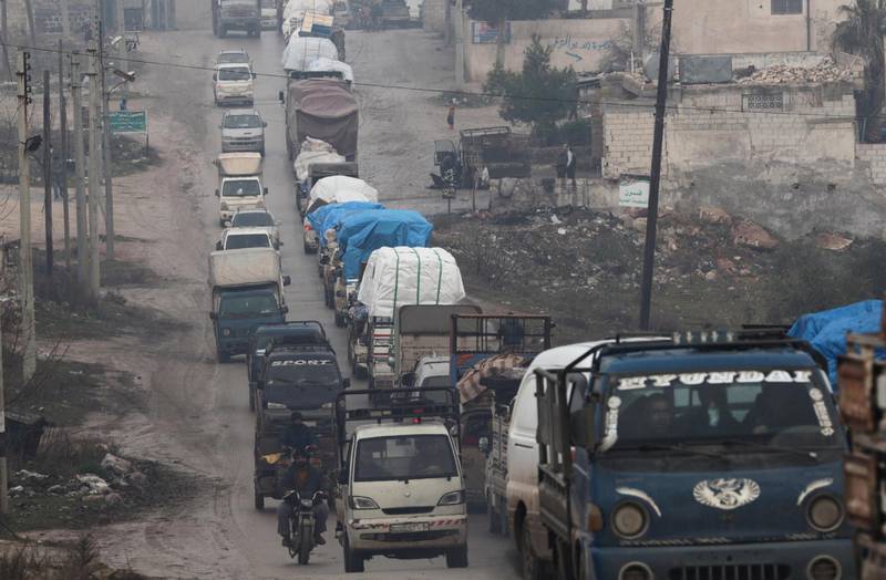 A view of the trucks carrying belongings of displaced Syrians, in northern Idlib, Syria January 30, 2020. Picture taken January 30, 2020. REUTERS/Khalil Ashawi