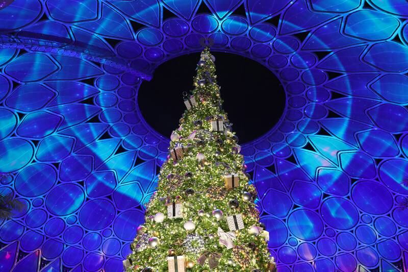  The AL Wasl Plaza dome provides a spectacular backdrop for the Christmas Tree lighting ceremony in Expo City Dubai. Pawan Singh / The National