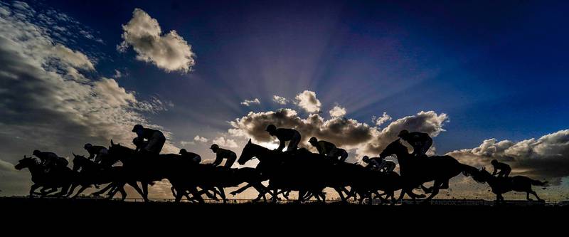 Runners and riders in the MansionBet Handicap Hurdle at Huntingdon Racecourse in England on Thursday, February 25. PA