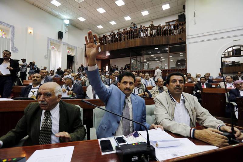 Members of the Yemeni parliament, all supporters of the Houthi rebels and their allies, attend a parliament session in Sanaa on 13 August 2016.  EPA/YAHYA ARHAB