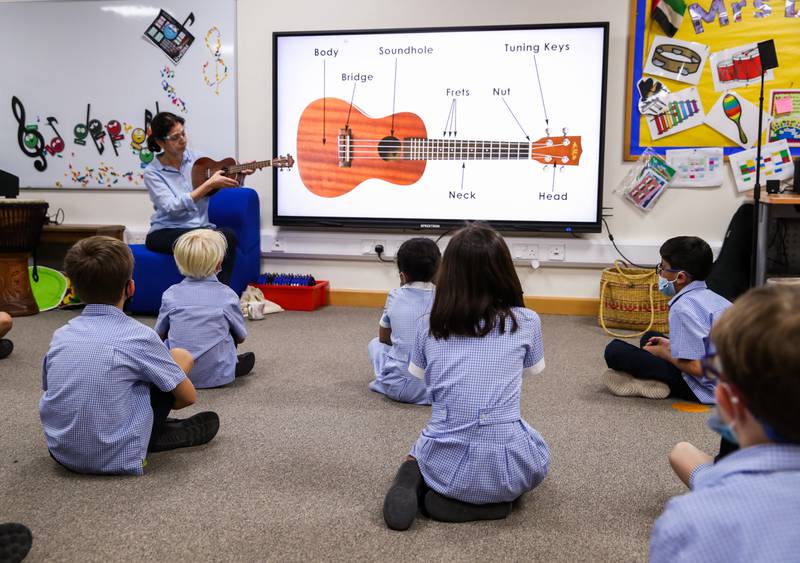 Pupils during a music class at British School Al Khubairat.