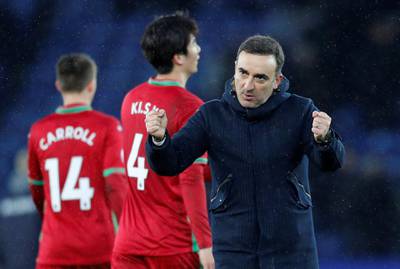 Soccer Football - Premier League - Leicester City vs Swansea City - King Power Stadium, Leicester, Britain - February 3, 2018   Swansea City manager Carlos Carvalhal celebrates at the end of the match     REUTERS/Darren Staples    EDITORIAL USE ONLY. No use with unauthorized audio, video, data, fixture lists, club/league logos or "live" services. Online in-match use limited to 75 images, no video emulation. No use in betting, games or single club/league/player publications.  Please contact your account representative for further details.