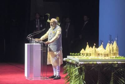 Narendra Modi, Prime Minister of India, at the unveiling of the Abu Dhabi Hindu temple model in 2018. Photo: BAPS Swaminarayan Sanstha