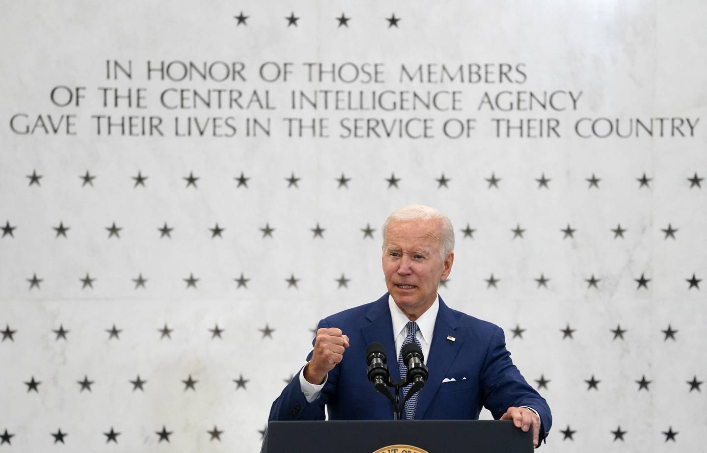 President Joe Biden speaks to Central Intelligence Agency employees in front of the Memorial Wall during his visit to CIA Headquarters in Langley, Virginia. Reuters