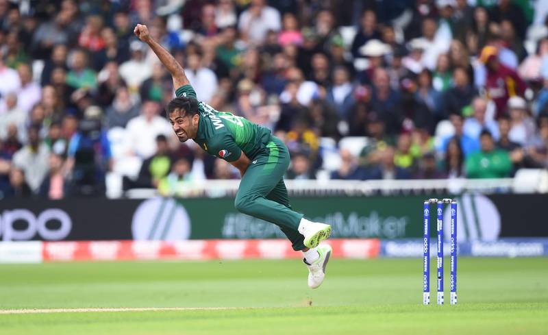 Wahab Riaz of Pakistan runs into bowl. Getty