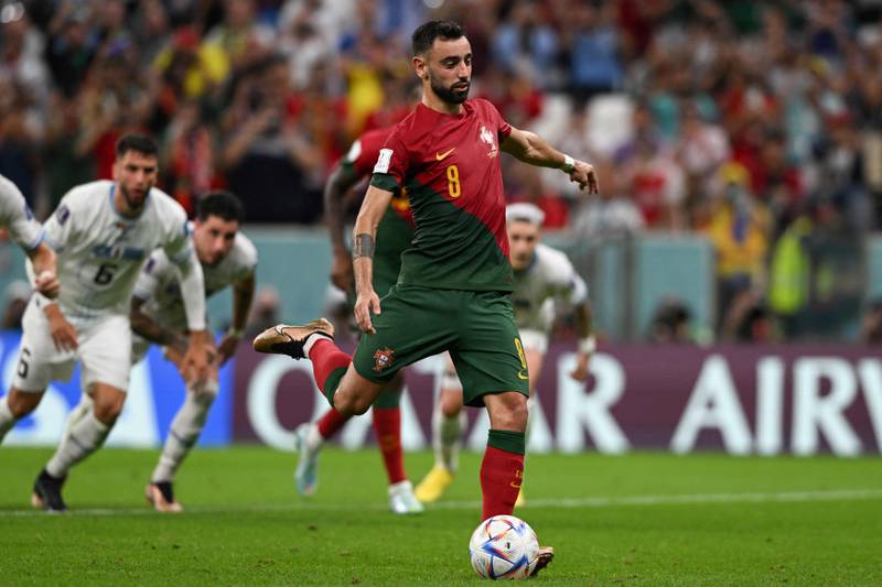 Portugal's Bruno Fernandes scores their second goal from the penalty spot. AFP