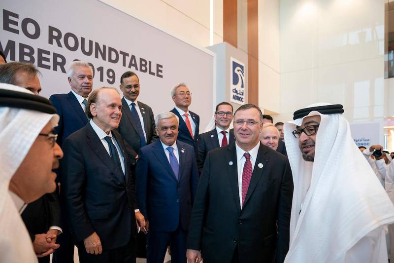 ABU DHABI, UNITED ARAB EMIRATES - November 10, 2019: HH Sheikh Mohamed bin Zayed Al Nahyan, Crown Prince of Abu Dhabi and Deputy Supreme Commander of the UAE Armed Forces (R), speaks with CEOs participating in the Abu Dhabi CEO Roundtable, at Abu Dhabi National Oil Company (ADNOC) headquarters. 

( Hamad Al Kaabi / Ministry of Presidential Affairs )​
---