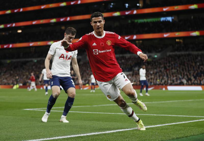 Manchester United's Cristiano Ronaldo celebrates scoring in the Premier League match against Tottenham Hotspur at the Tottenham Hotspur Stadium in October, 2021. Reuters